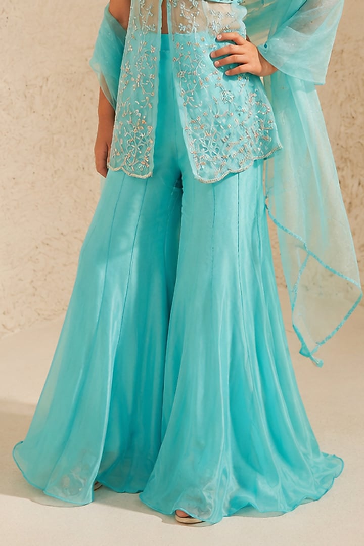 Aqua Blue Organza Sharara Set For Girls by Zoon Tribe Kids at Pernia's Pop Up Shop