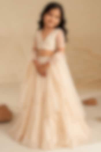 Cream Metallic Organza Hand Embroidered Lehenga Set For Girls by Zoon Tribe Kids at Pernia's Pop Up Shop