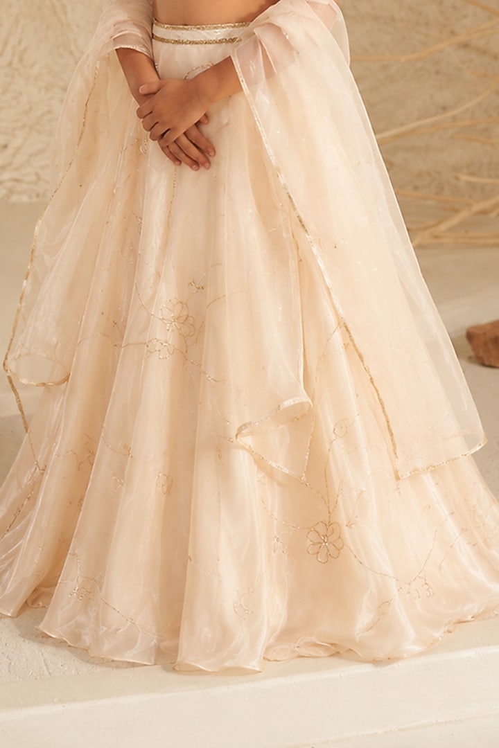 Cream Metallic Organza Hand Embroidered Lehenga Set For Girls by Zoon Tribe Kids at Pernia's Pop Up Shop