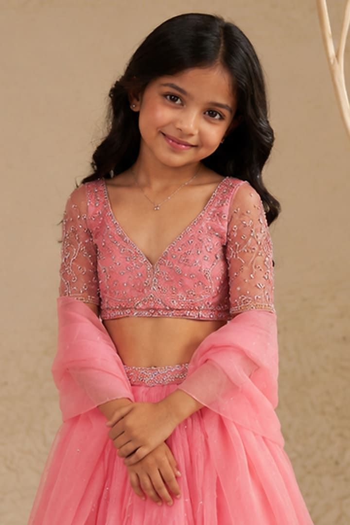 Blush Pink Silk Organza Hand Embroidered Pleated Lehenga Set For Girls by Zoon Tribe Kids at Pernia's Pop Up Shop