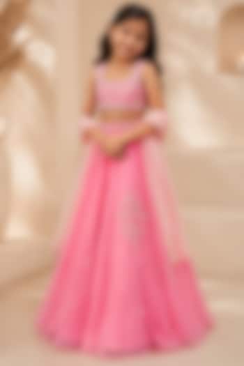 Pink Metallic Organza Hand Embroidered Lehenga Set For Girls by Zoon Tribe Kids at Pernia's Pop Up Shop