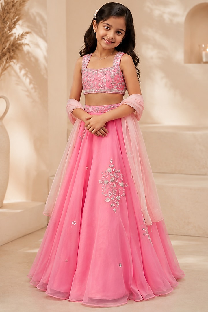 Pink Metallic Organza Hand Embroidered Lehenga Set For Girls by Zoon Tribe Kids at Pernia's Pop Up Shop