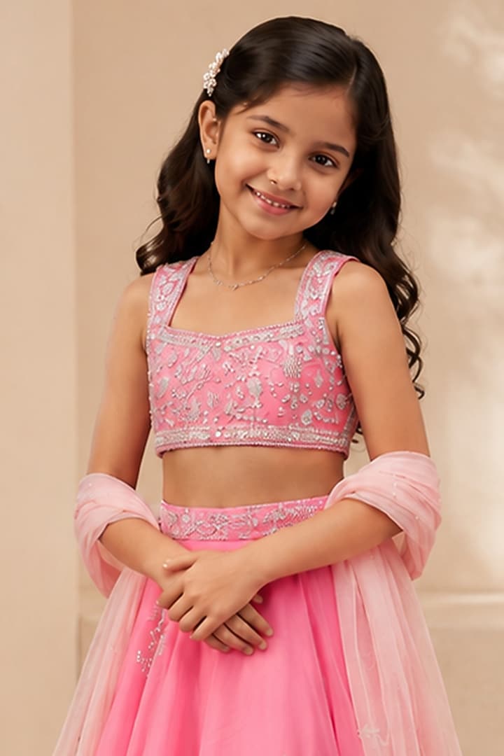 Pink Metallic Organza Hand Embroidered Lehenga Set For Girls by Zoon Tribe Kids at Pernia's Pop Up Shop