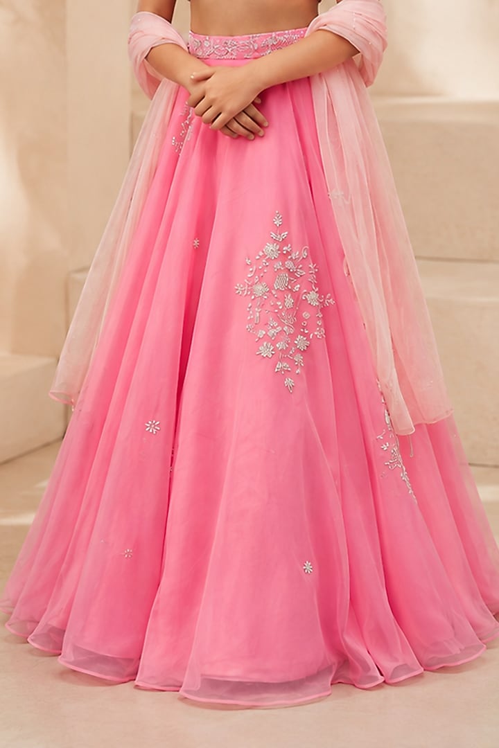 Pink Metallic Organza Hand Embroidered Lehenga Set For Girls by Zoon Tribe Kids at Pernia's Pop Up Shop