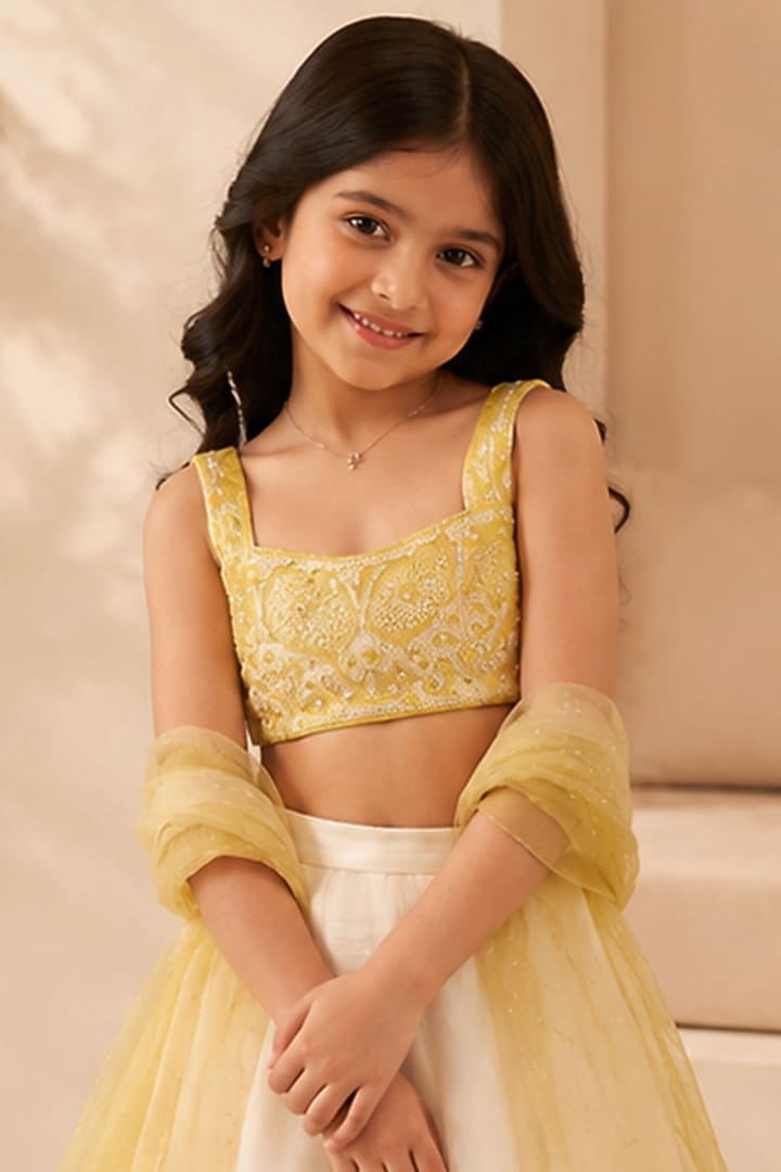 Ivory Crush Organza Kalidar Lehenga Set For Girls by Zoon Tribe Kids at Pernia's Pop Up Shop