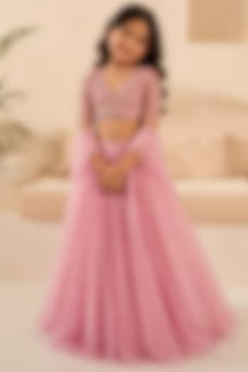 Lilac Silk Organza Hand Embroidered Lehenga Set For Girls by Zoon Tribe Kids at Pernia's Pop Up Shop