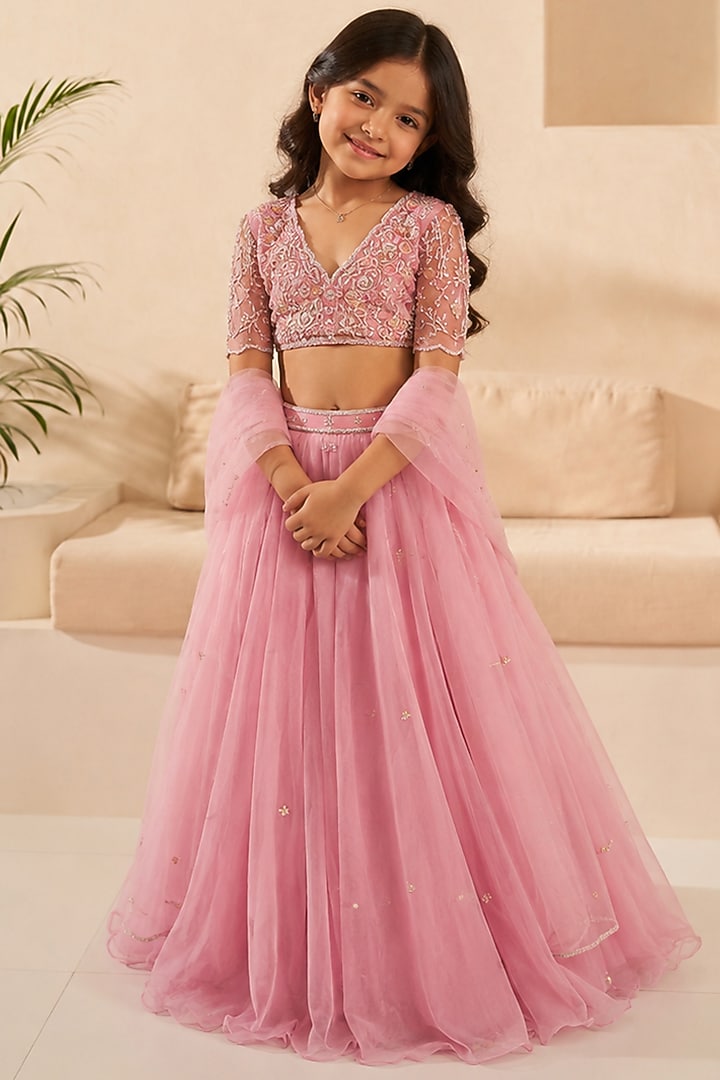 Lilac Silk Organza Hand Embroidered Lehenga Set For Girls by Zoon Tribe Kids at Pernia's Pop Up Shop