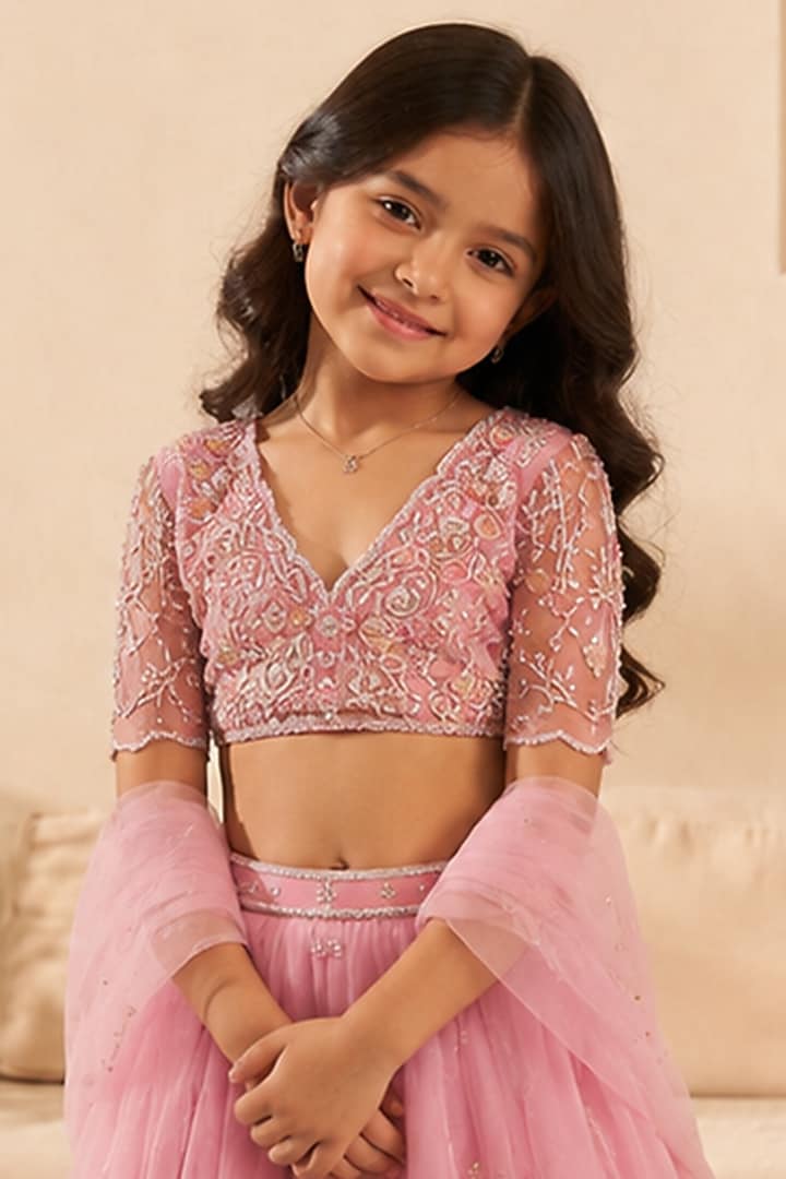 Lilac Silk Organza Hand Embroidered Lehenga Set For Girls by Zoon Tribe Kids at Pernia's Pop Up Shop