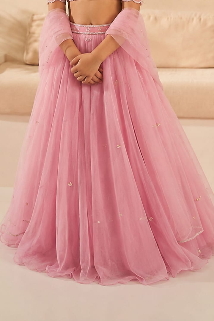 Lilac Silk Organza Hand Embroidered Lehenga Set For Girls by Zoon Tribe Kids at Pernia's Pop Up Shop