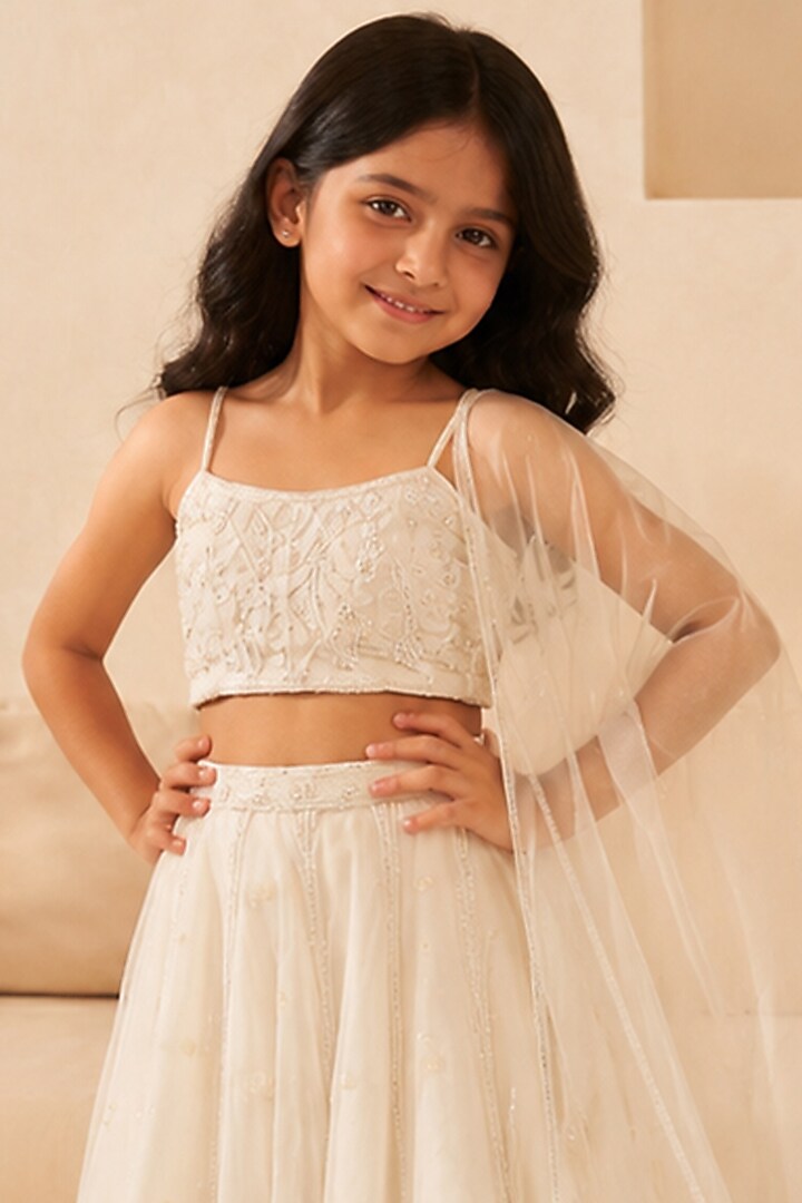 Off-White Silk Organza Kalidar Lehenga Set For Girls by Zoon Tribe Kids at Pernia's Pop Up Shop