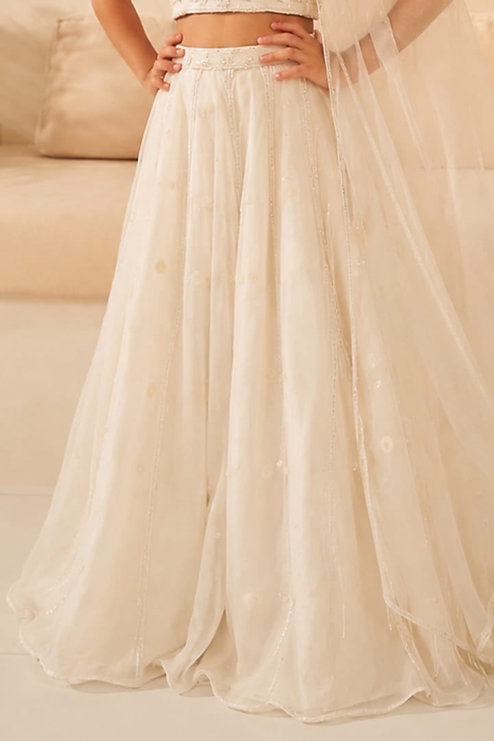 Off-White Silk Organza Kalidar Lehenga Set For Girls by Zoon Tribe Kids at Pernia's Pop Up Shop