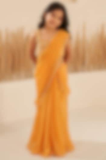 Mustard Soft Georgette Pre-Stitched Pleated Saree Set For Girls by Zoon Tribe Kids at Pernia's Pop Up Shop