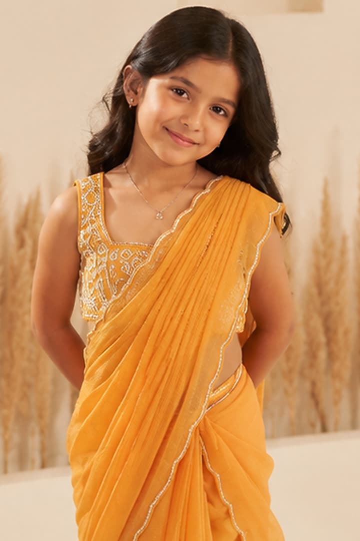 Mustard Soft Georgette Pre-Stitched Pleated Saree Set For Girls by Zoon Tribe Kids at Pernia's Pop Up Shop