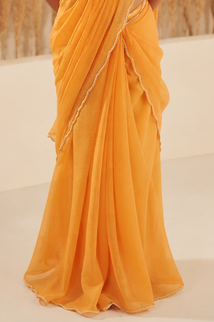 Mustard Soft Georgette Pre-Stitched Pleated Saree Set For Girls by Zoon Tribe Kids at Pernia's Pop Up Shop