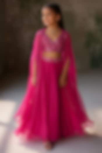Hot Pink Pure Silk Organza Hand Embroidered Jacket Set For Girls by Zoon Tribe Kids at Pernia's Pop Up Shop
