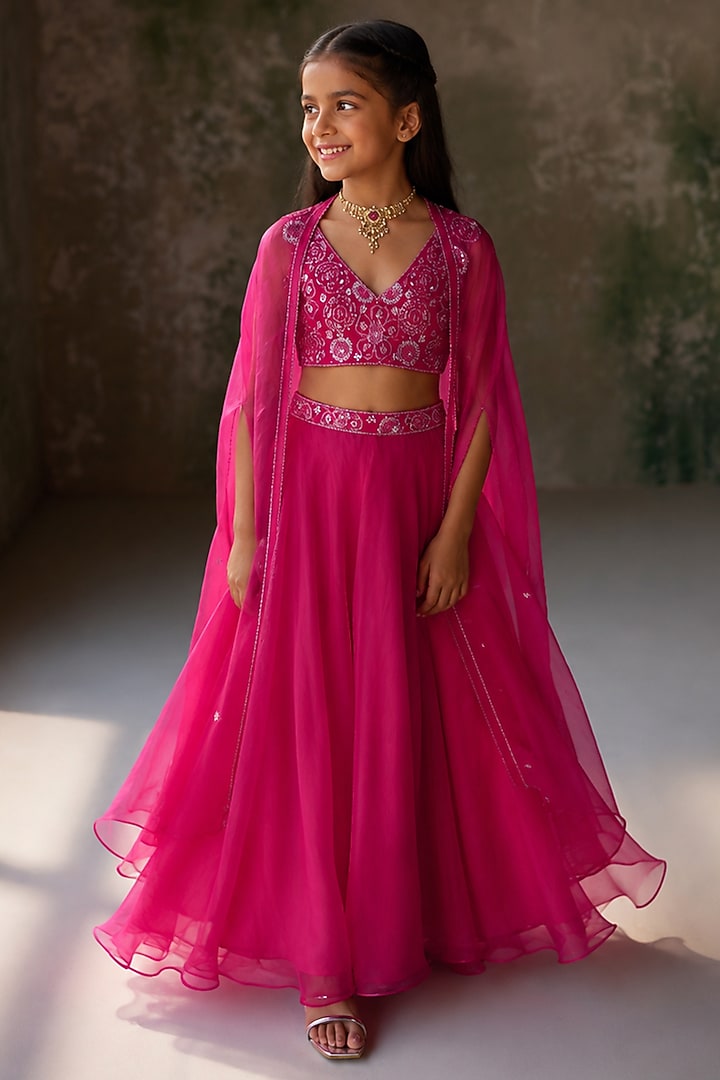 Hot Pink Pure Silk Organza Hand Embroidered Jacket Set For Girls by Zoon Tribe Kids at Pernia's Pop Up Shop