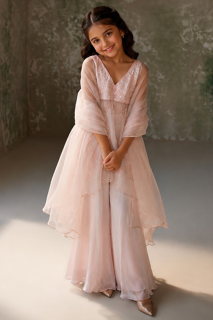 Baby Pink Flat Chiffon Sharara Set For Girls by Zoon Tribe Kids at Pernia's Pop Up Shop