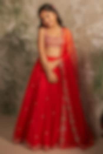 Tomato Red Pure Silk Organza Hand Embroidered Lehenga Set For Girls by Zoon Tribe Kids at Pernia's Pop Up Shop