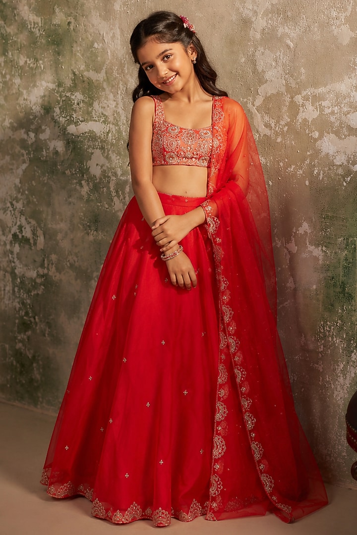 Tomato Red Pure Silk Organza Hand Embroidered Lehenga Set For Girls by Zoon Tribe Kids at Pernia's Pop Up Shop