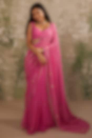 Rani Pink Satin Aari Hand Embroidered Pre-Pleated Saree Set For Girls by Zoon Tribe Kids at Pernia's Pop Up Shop