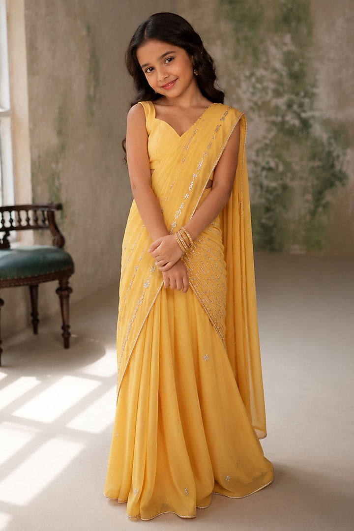 Sunshine Yellow Satin Aari Hand Embroidered Pre-Pleated Saree Set For Girls by Zoon Tribe Kids at Pernia's Pop Up Shop