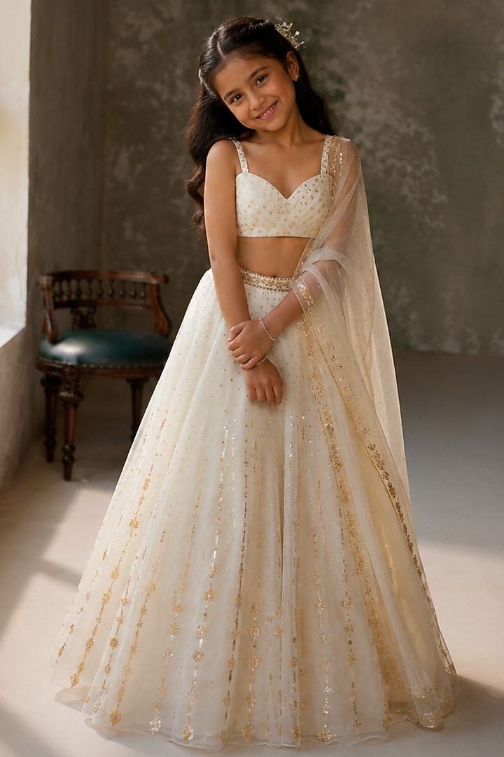 Ivory Pure Silk Organza Hand Embroidered Lehenga Set For Girls by Zoon Tribe Kids at Pernia's Pop Up Shop