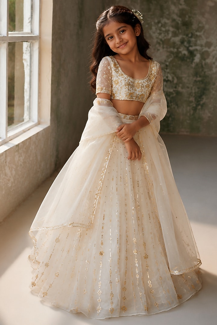 Ivory Pure Silk Organza Hand Embroidered Lehenga Set For Girls by Zoon Tribe Kids at Pernia's Pop Up Shop