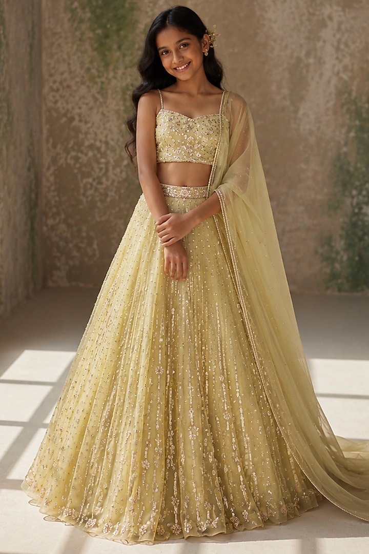 Pista Green Pure Silk Organza Hand Embroidered Lehenga Set For Girls by Zoon Tribe Kids at Pernia's Pop Up Shop