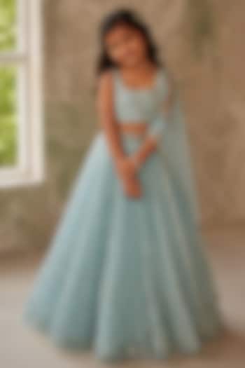 Sky Blue Pure Silk Organza Hand Embroidered Lehenga Set For Girls by Zoon Tribe Kids at Pernia's Pop Up Shop