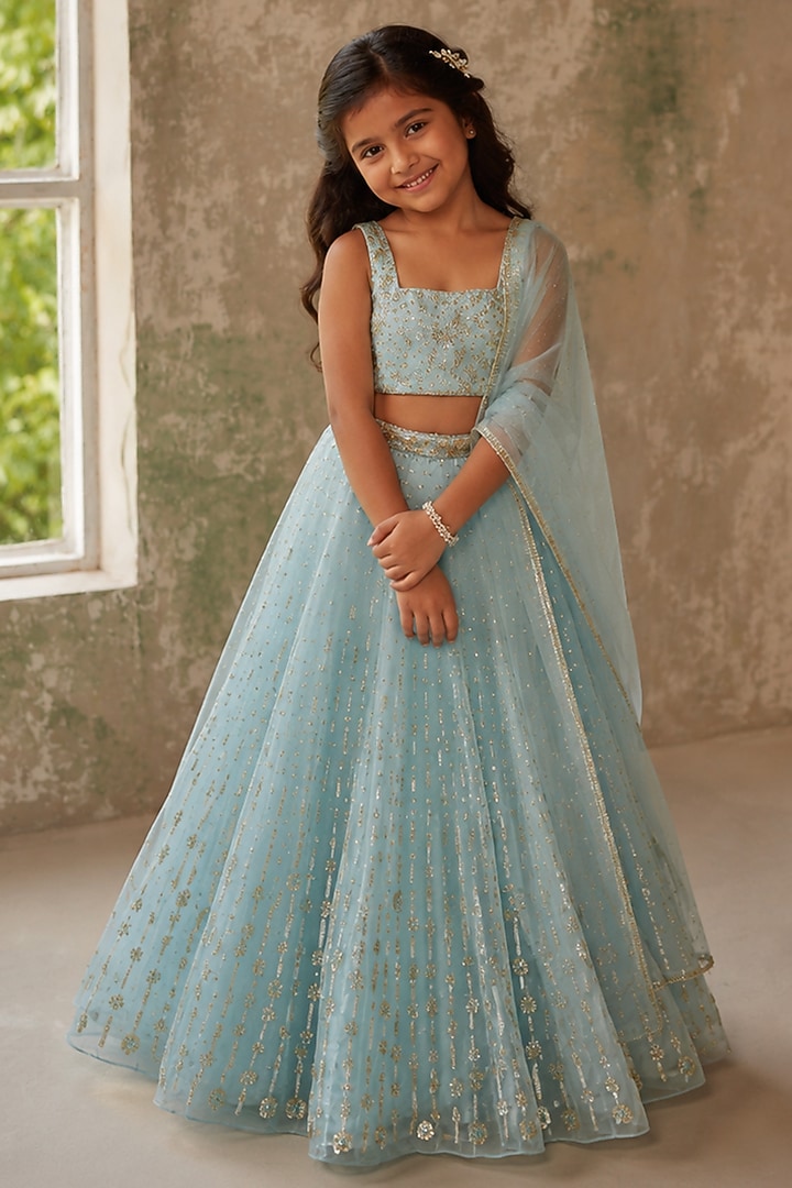 Sky Blue Pure Silk Organza Hand Embroidered Lehenga Set For Girls by Zoon Tribe Kids at Pernia's Pop Up Shop