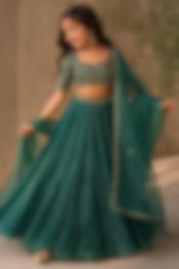 Emerald Green Pure Silk Organza Hand Embroidered Lehenga Set For Girls by Zoon Tribe Kids at Pernia's Pop Up Shop