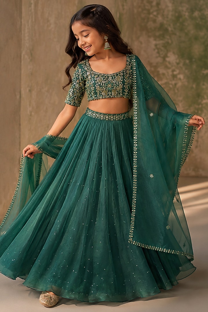 Emerald Green Pure Silk Organza Hand Embroidered Lehenga Set For Girls by Zoon Tribe Kids at Pernia's Pop Up Shop