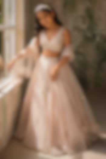 Champagne Pink Pure Satin Silk Organza Hand Embroidered Lehenga Set For Girls by Zoon Tribe Kids at Pernia's Pop Up Shop