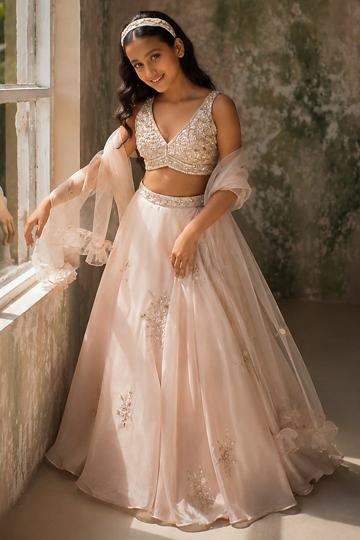 Champagne Pink Pure Satin Silk Organza Hand Embroidered Lehenga Set For Girls by Zoon Tribe Kids at Pernia's Pop Up Shop