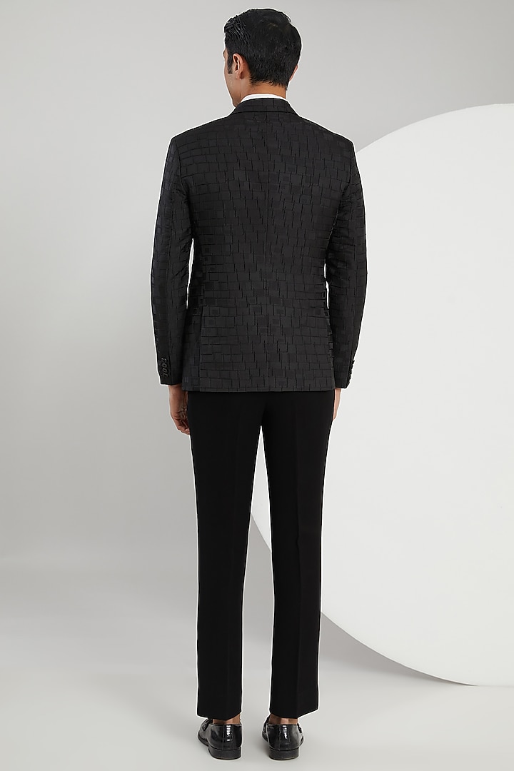 Black Jacquard Embossed Tuxedo Set by Zoop Men at Pernia's Pop Up Shop