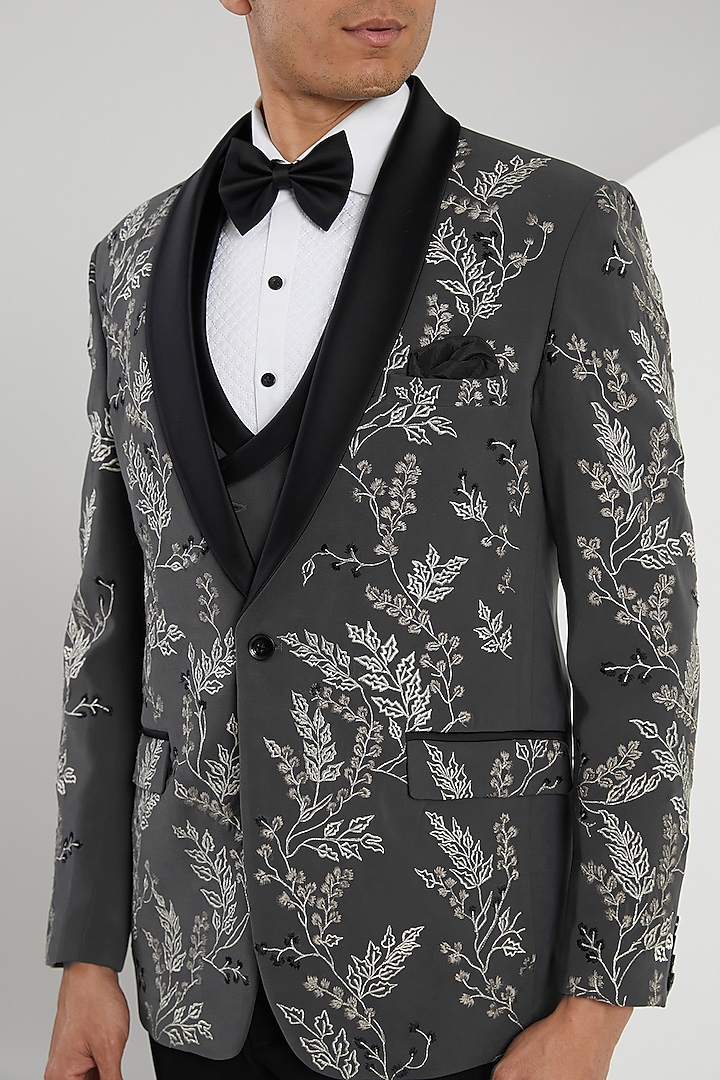 Grey Japanese Lycra Jacquard Embroidered Tuxedo Set by Zoop Men at Pernia's Pop Up Shop