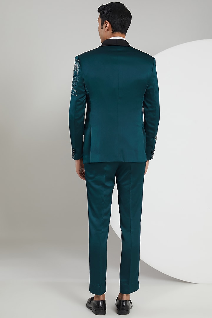 Teal Jacquard Hand Embroidered Tuxedo Set by Zoop Men at Pernia's Pop Up Shop
