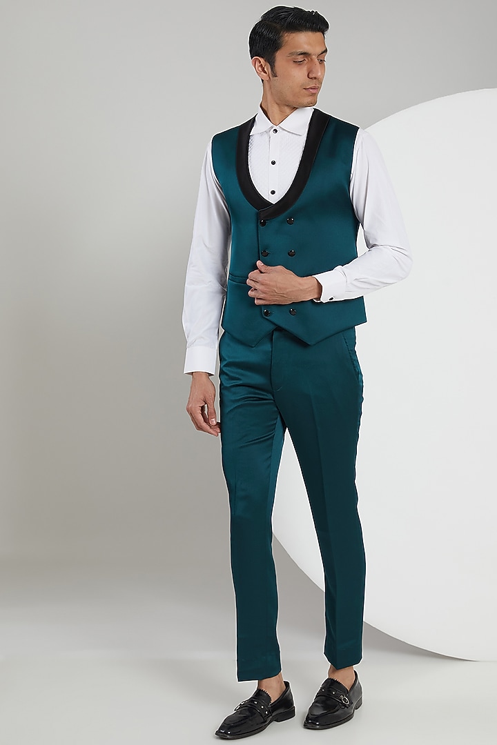 Teal Jacquard Hand Embroidered Tuxedo Set by Zoop Men at Pernia's Pop Up Shop