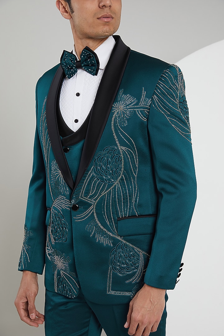 Teal Jacquard Hand Embroidered Tuxedo Set by Zoop Men at Pernia's Pop Up Shop