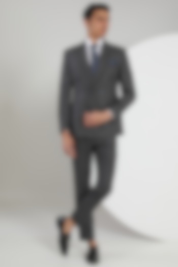 Grey Poly Wool Striped Suit Set by Zoop Men
