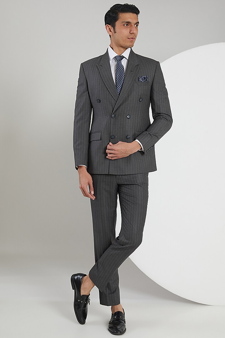 Grey Poly Wool Striped Suit Set by Zoop Men