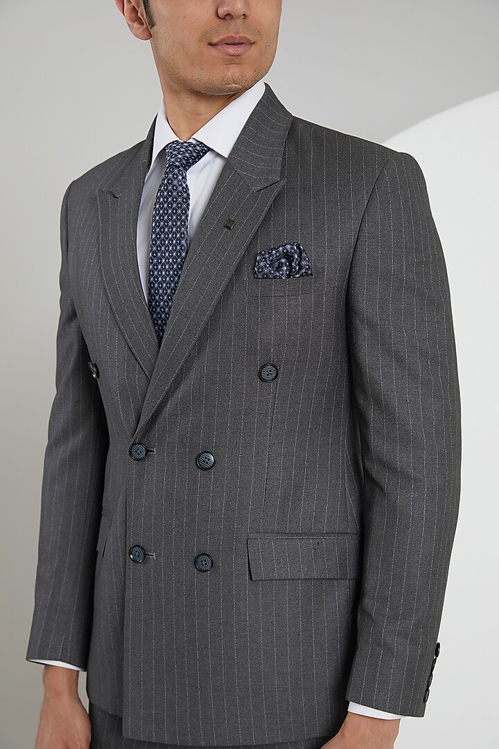 Grey Poly Wool Striped Suit Set by Zoop Men at Pernia's Pop Up Shop