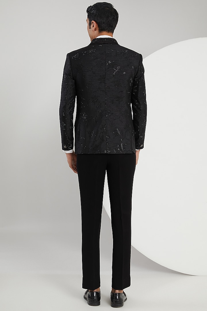 Black Jacquard Embroidered Tuxedo Set by Zoop Men at Pernia's Pop Up Shop
