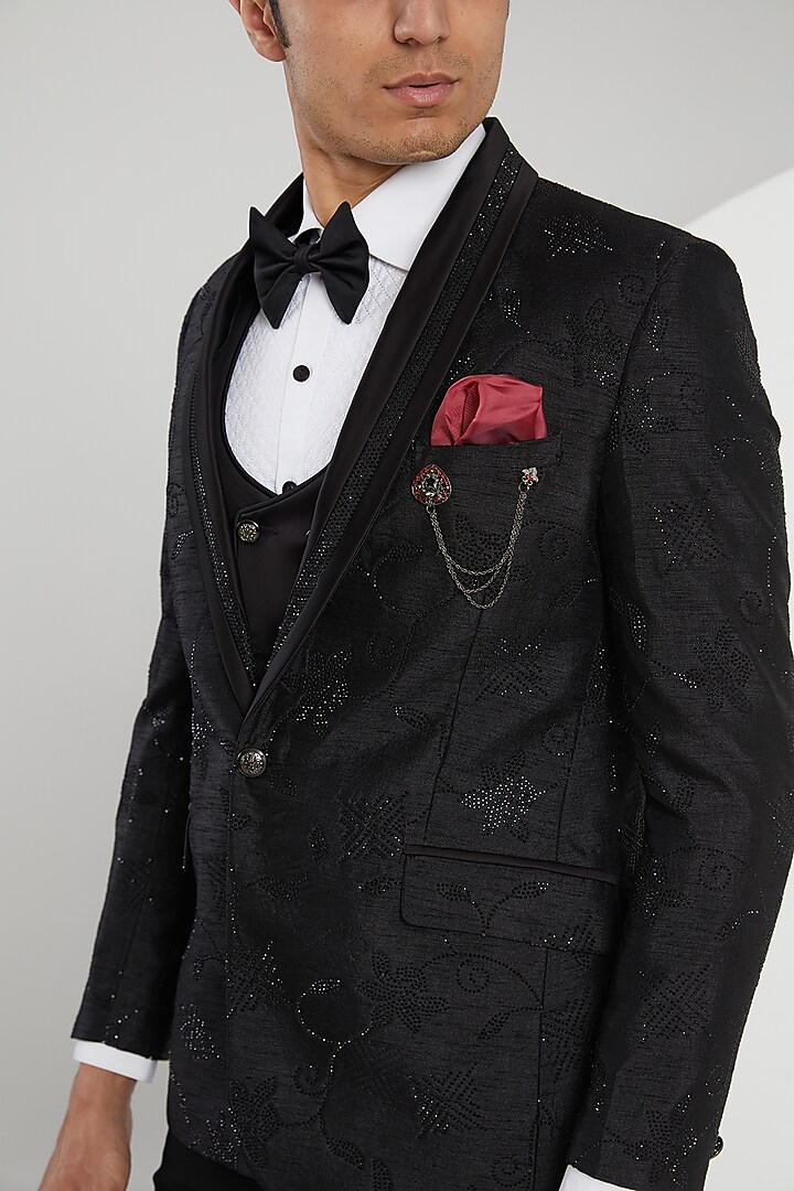 Black Jacquard Embroidered Tuxedo Set by Zoop Men at Pernia's Pop Up Shop