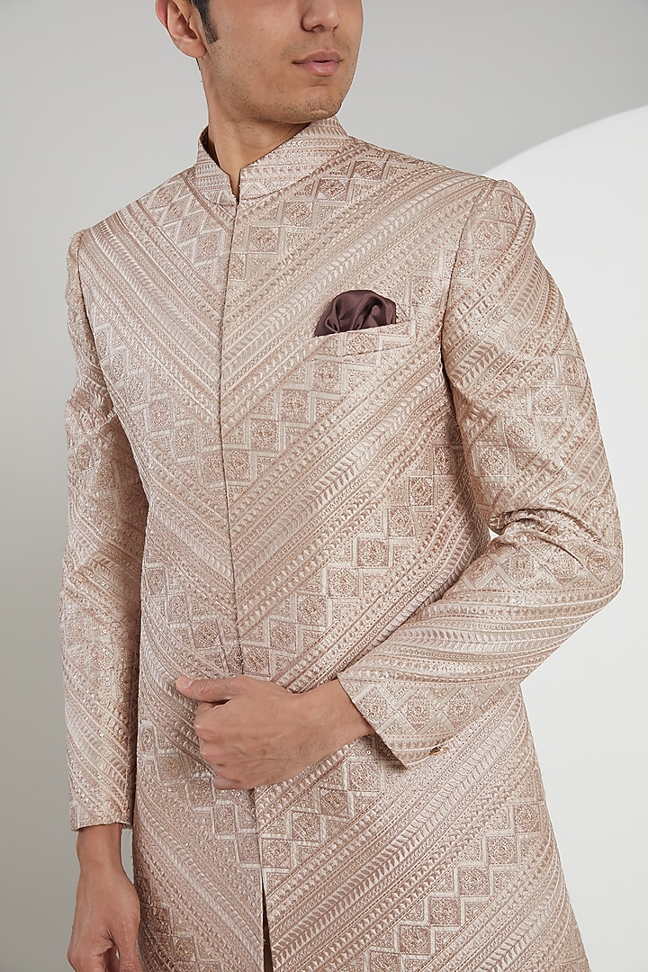 Pink Jacquard Embroidered Wedding Indowestern Set by Zoop Men at Pernia's Pop Up Shop
