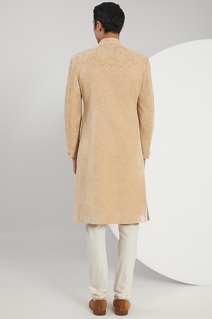 Gold Micro Velvet Hand Embroidered Groom Sherwani Set by Zoop Men at Pernia's Pop Up Shop