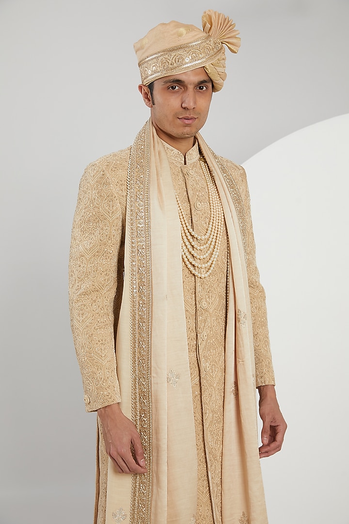Gold Micro Velvet Hand Embroidered Groom Sherwani Set by Zoop Men at Pernia's Pop Up Shop