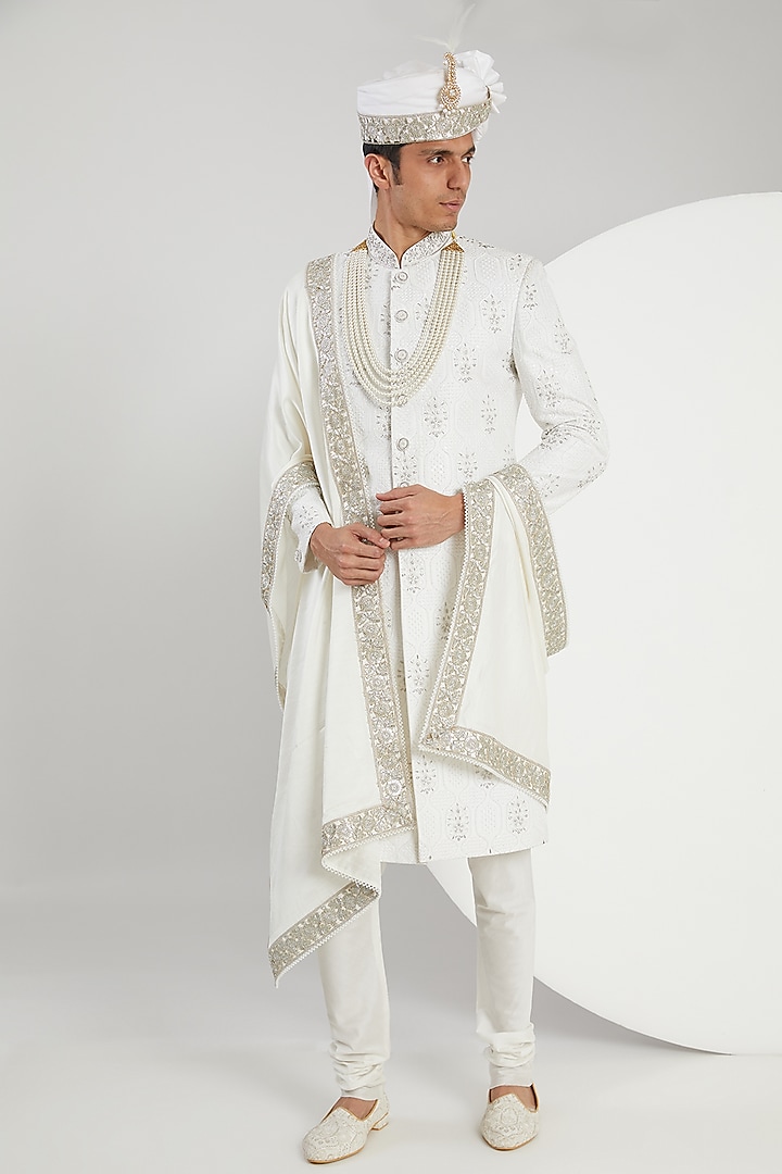 White Cotton Jacquard Hand Embroidered Groom Sherwani Set by Zoop Men at Pernia's Pop Up Shop