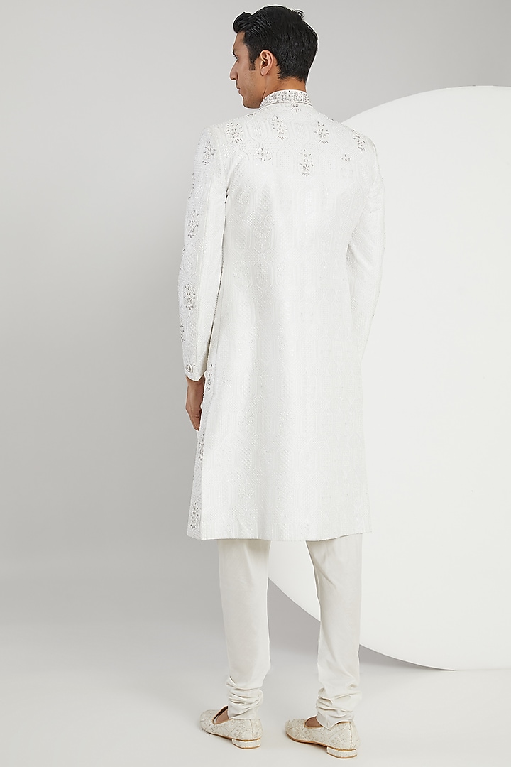White Cotton Jacquard Hand Embroidered Groom Sherwani Set by Zoop Men at Pernia's Pop Up Shop