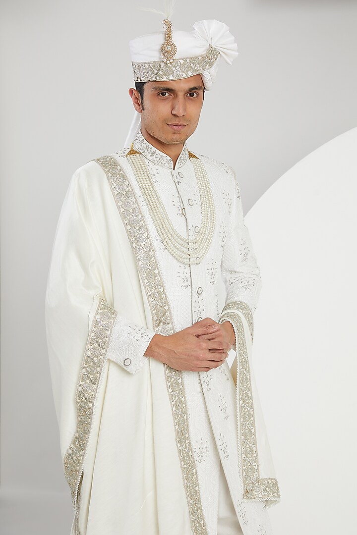White Cotton Jacquard Hand Embroidered Groom Sherwani Set by Zoop Men at Pernia's Pop Up Shop